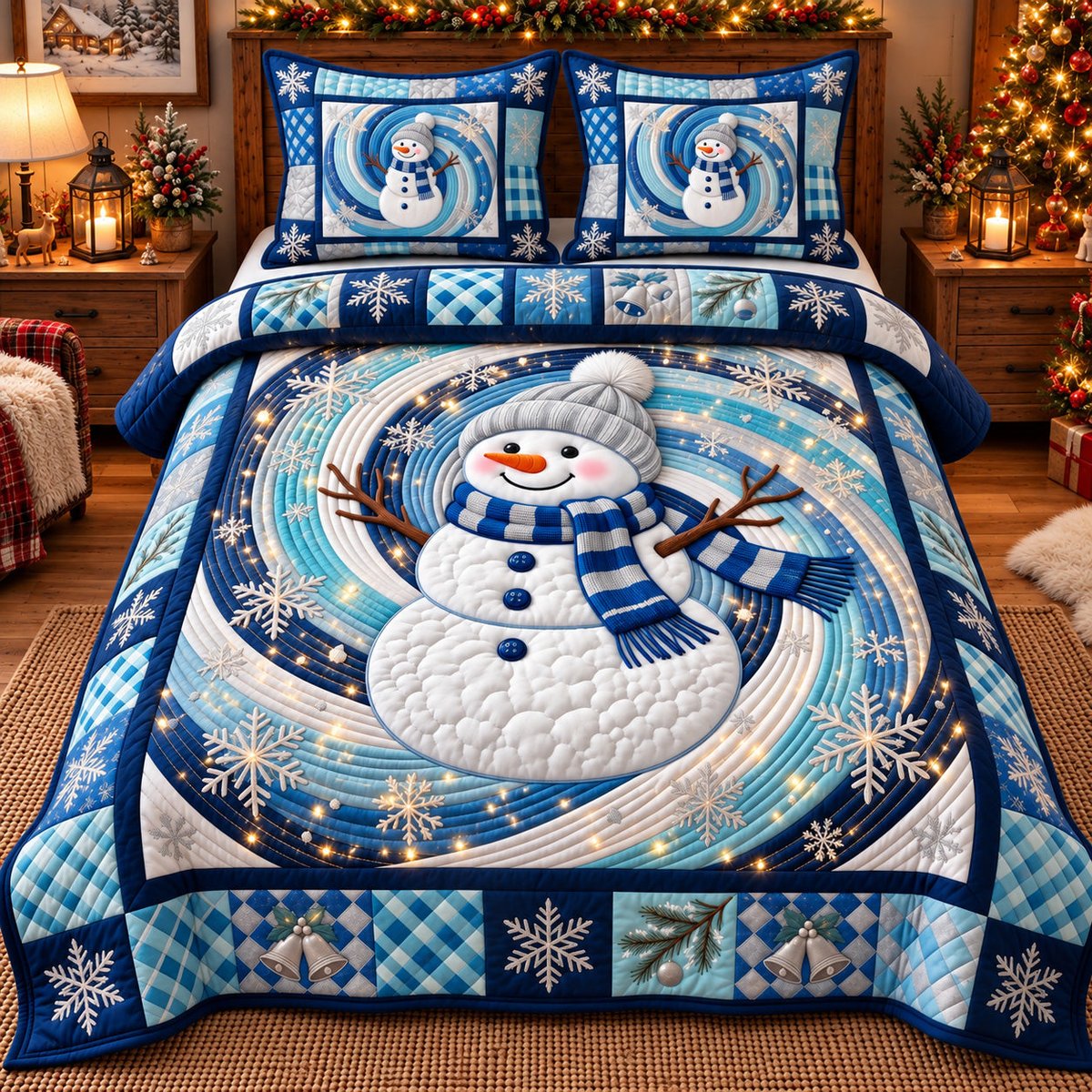Blue Swirl Snowman 3 Piece Quilted Bedding Set Gift For Holiday Decor Lovers