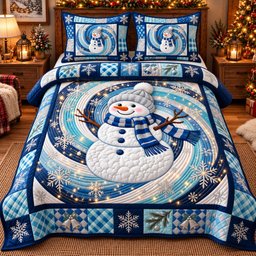 Blue Swirl Snowman 3 Piece Quilted Bedding Set Gift For Holiday Decor Lovers