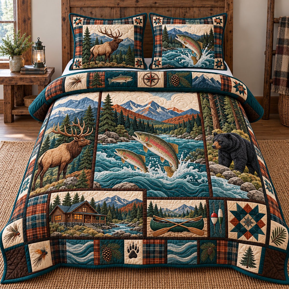 Hunting and Fishing Patchwork 3 Piece Quilted Bedding Set Gift For Hunters