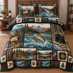 Hunting and Fishing Patchwork 3 Piece Quilted Bedding Set Gift For Hunters