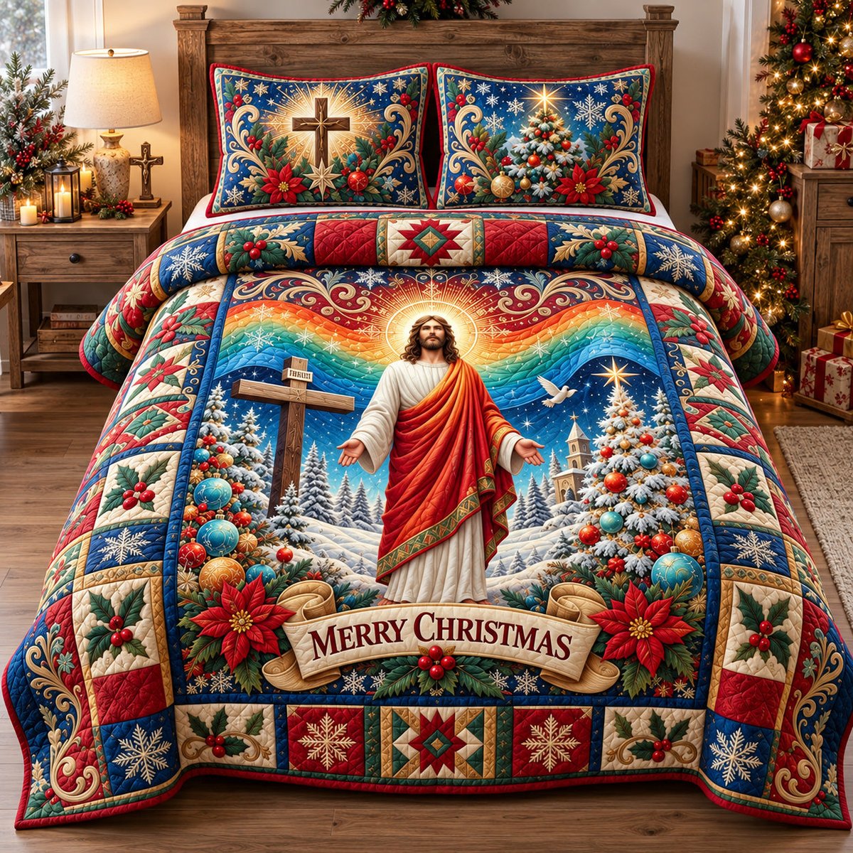 Jesus Merry 3 Piece Quilted Bedding Set Christmas Gift For Christians