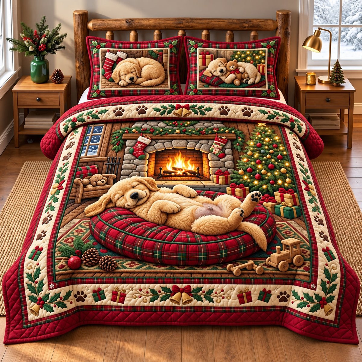 Cabin Golden 3 Piece Quilted Bedding Set Gift For Dog Lovers