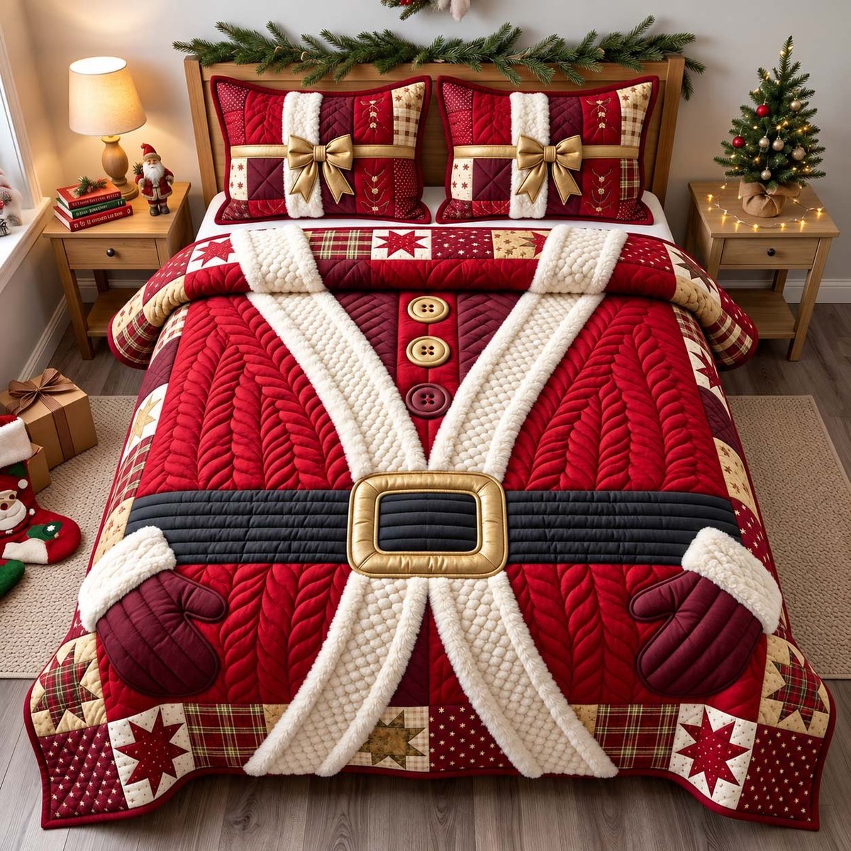 Classic Santa Coat 3 Piece Quilted Bedding Set Christmas Gift For Holiday Decor Lovers