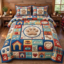 Paw Print Cat 3 Piece Quilted Bedding Set Gift For Dog Lovers