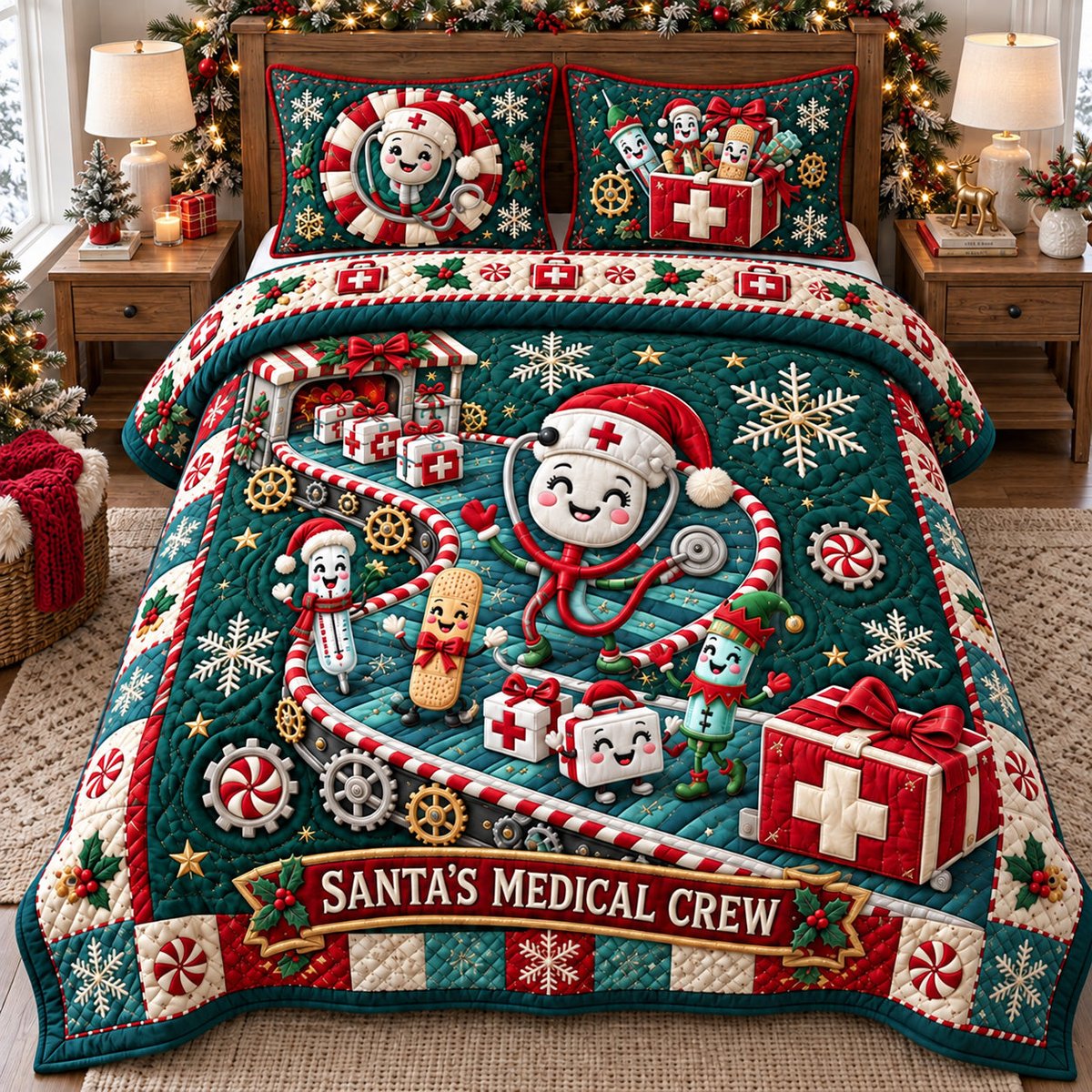 Santa Medical Crew 3 Piece Quilted Bedding Set Christmas Gift For Holiday Decor Lovers