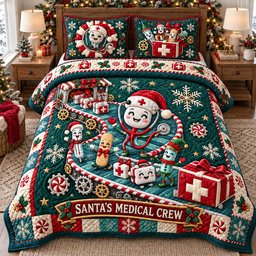 Santa Medical Crew 3 Piece Quilted Bedding Set Christmas Gift For Holiday Decor Lovers
