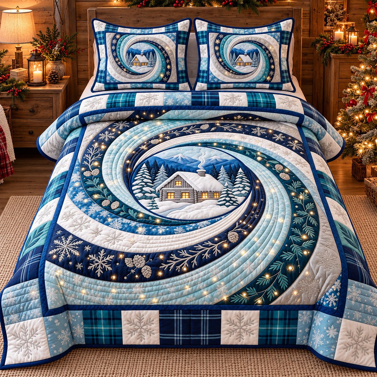 Winter Cabin Swirl 3 Piece Quilted Bedding Set Christmas Gift For Nature Lovers