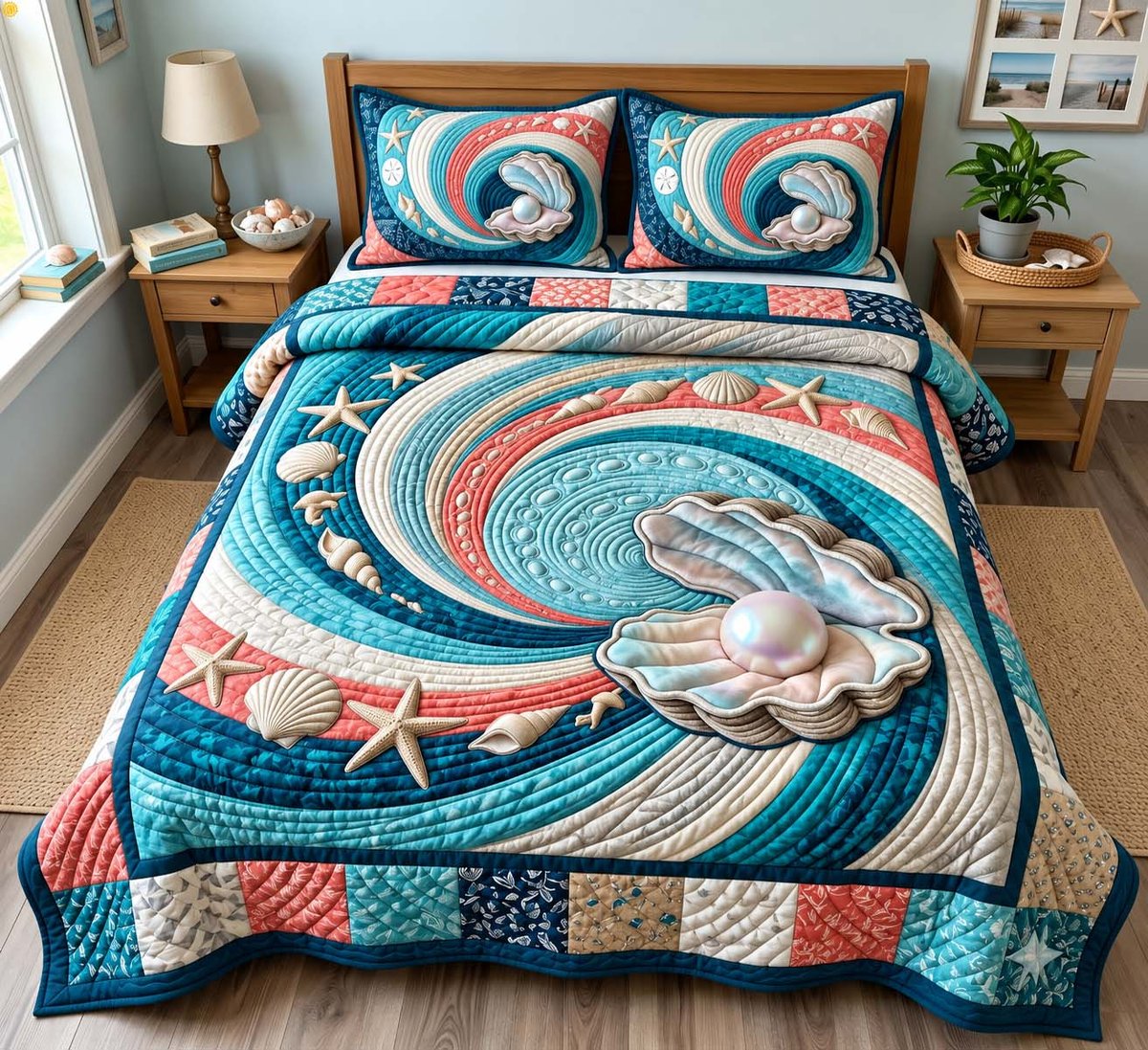 Ocean Pearl Swirl Beach 3 Piece Quilted Bedding Set Gift For Beach Lovers