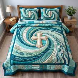 Living Water Cross Christian 3 Piece Quilted Bedding Set Gift For Christians