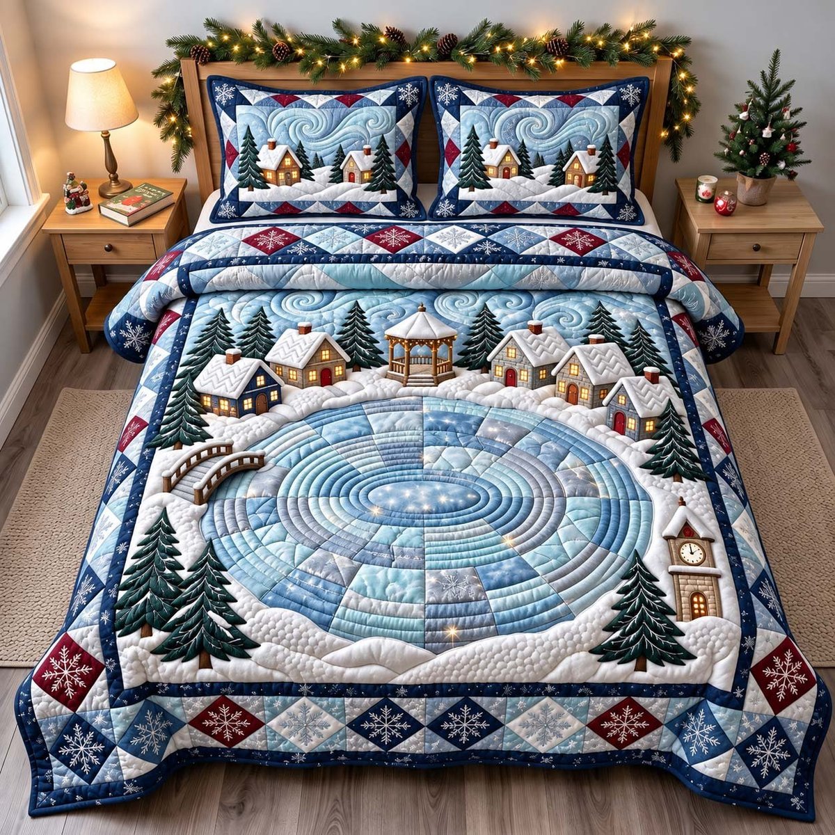 Frozen Village 3 Piece Quilted Bedding Set Christmas Gift For Holiday Decor Lovers