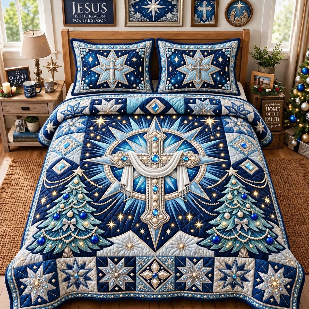 Holy Night Crystal Cross 3 Piece Quilted Bedding Set Gift For Christians