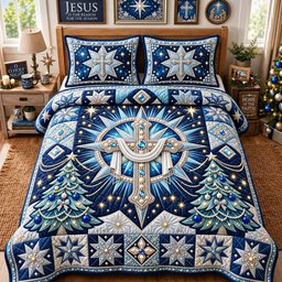 Holy Night Crystal Cross 3 Piece Quilted Bedding Set Gift For Christians