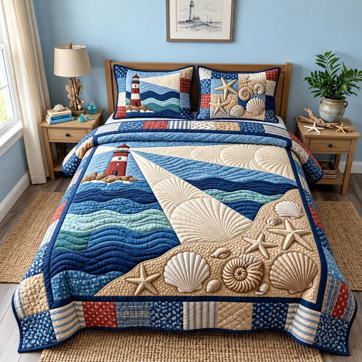 Lighthouse Ocean Breeze Beach 3 Piece Quilted Bedding Set Gift For Beach Lovers