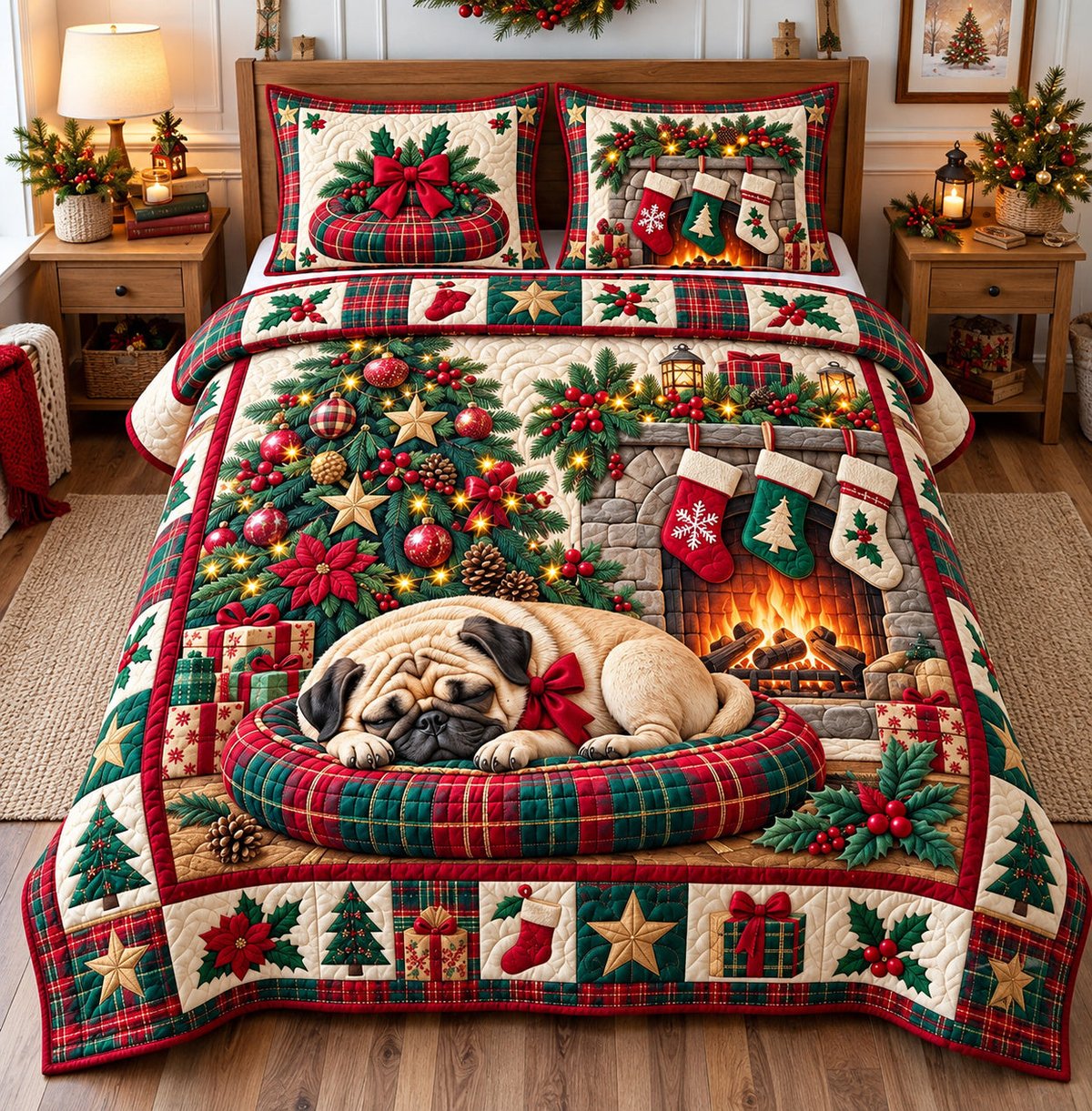 Pug Sleeping Dog 3 Piece Quilted Bedding Set Christmas Gift For Dog Lovers