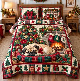 Pug Sleeping Dog 3 Piece Quilted Bedding Set Christmas Gift For Dog Lovers