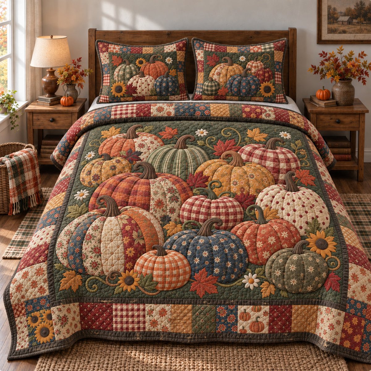 Rustic Pumpkin Whispers 3 Piece Quilted Bedding Set Gift For Farmhouse Decor Lovers