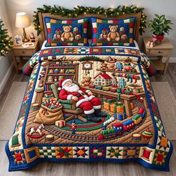 Santa Toyshop Nap 3 Piece Quilted Bedding Set Christmas Gift For Holiday Decor Lovers