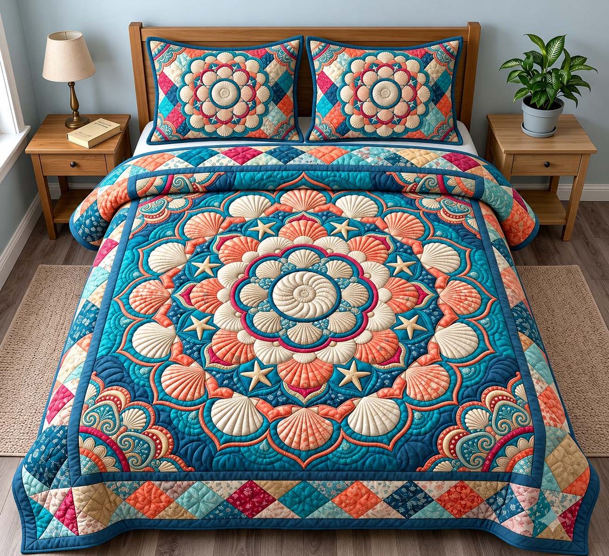 Seashell Ocean Mandala Beach 3 Piece Quilted Bedding Set Gift For Beach Lovers