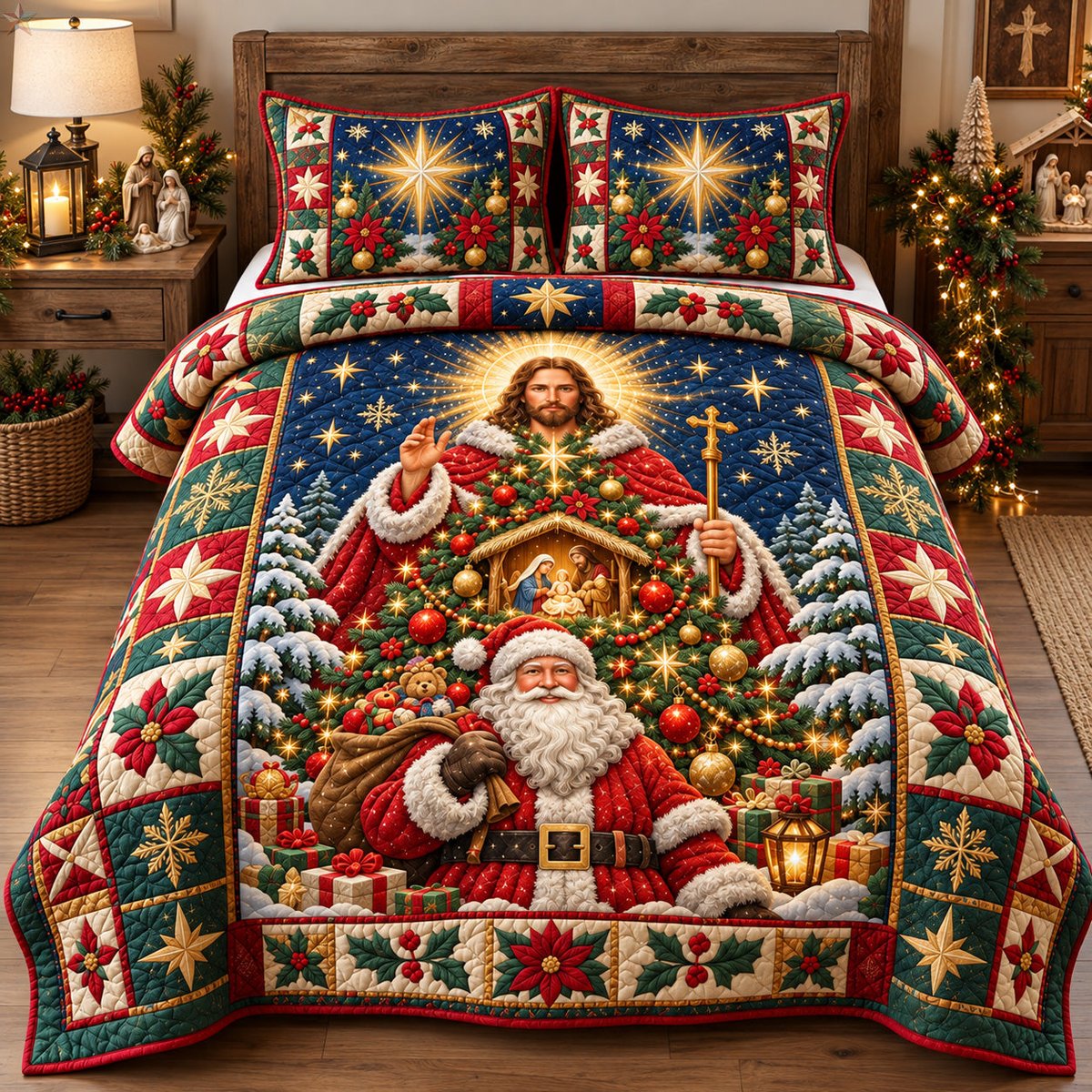 Jesus Santa 3 Piece Quilted Bedding Set Christmas Gift For Christians