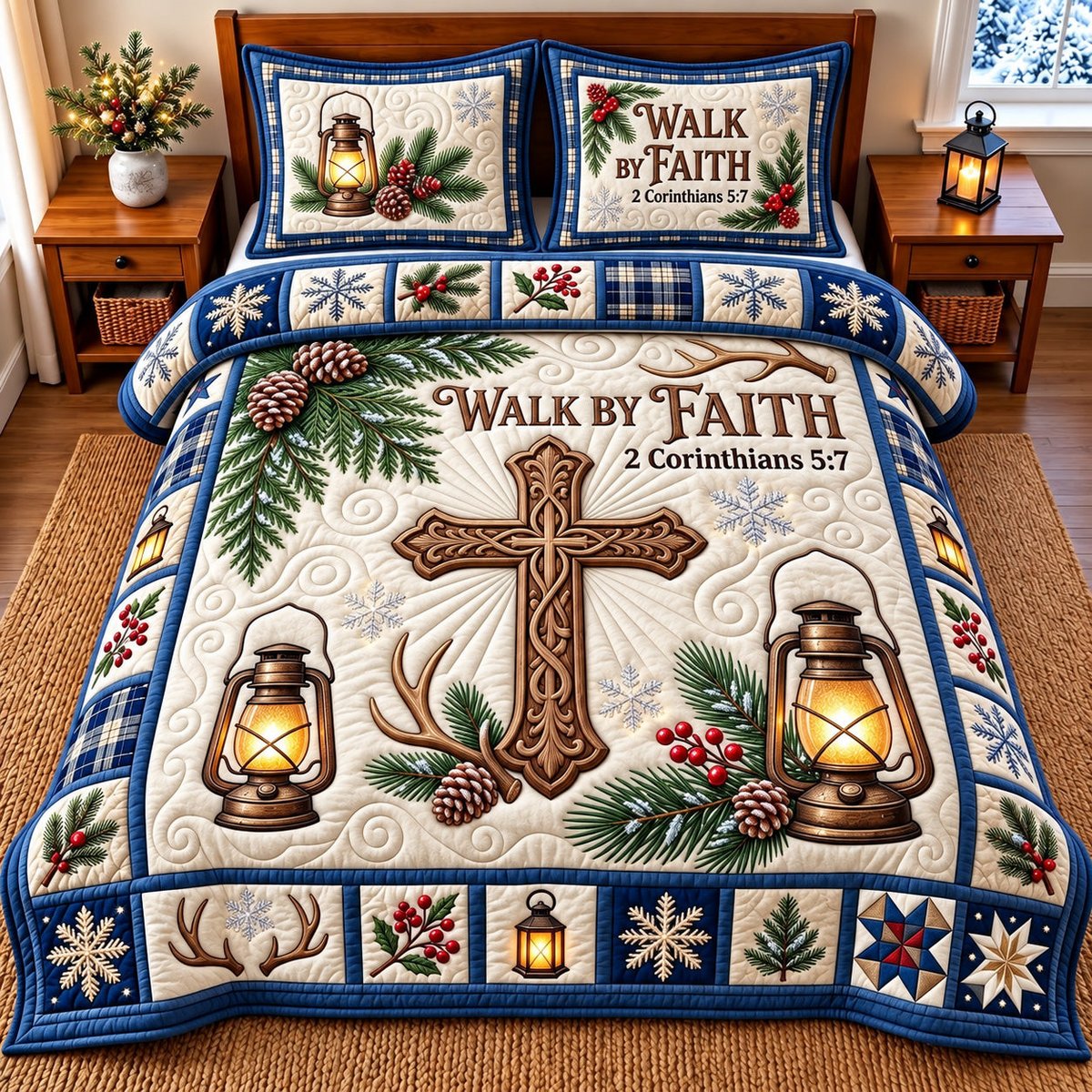Walk by Faith Christian 3 Piece Quilted Bedding Set Gift For Christians