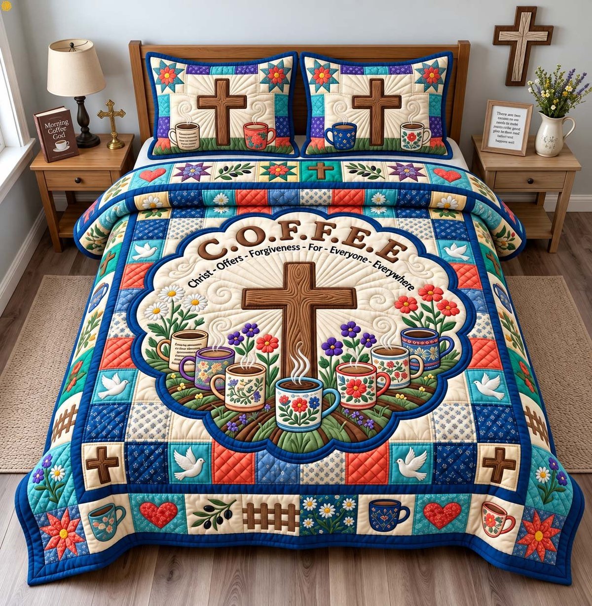 Coffee with Christ Christian 3 Piece Quilted Bedding Set Gift For Christians