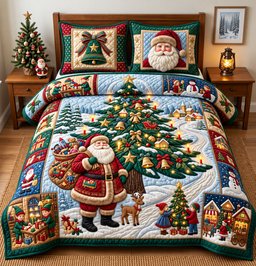 Santa Tree 3 Piece Quilted Bedding Set Christmas Gift For Holiday Decor Lovers