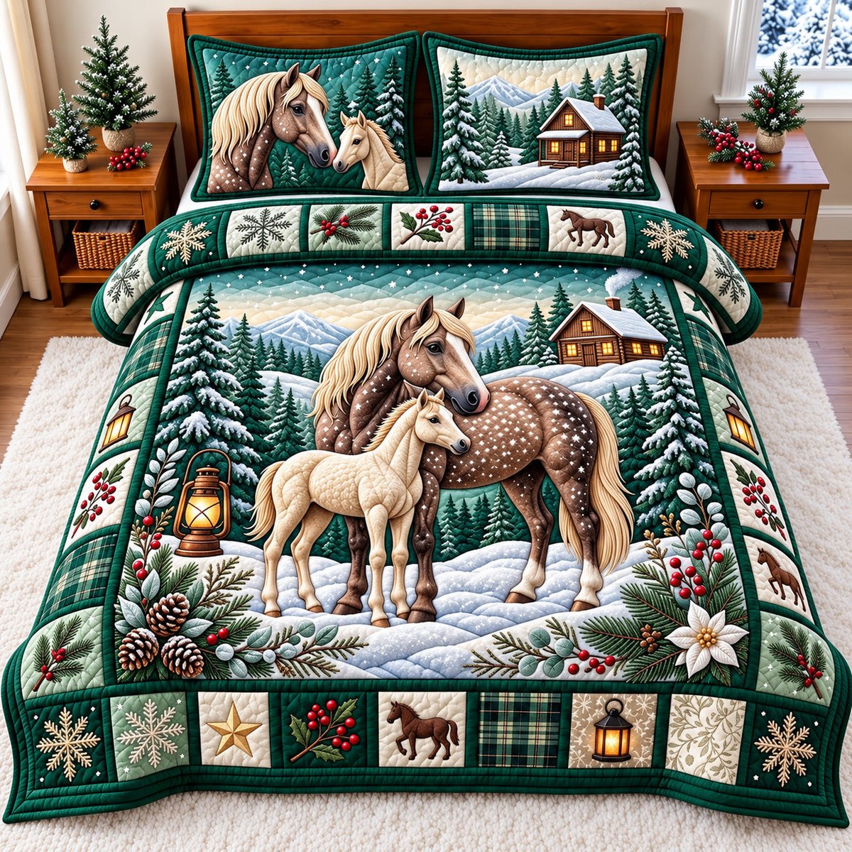 Snowy Horse 3 Piece Quilted Bedding Set Gift For Horse Lovers