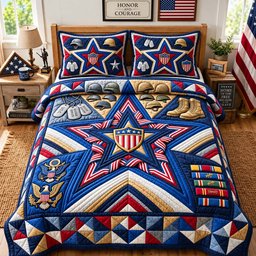 Patriotic Service Star 3 Piece Quilted Bedding Set Gift For Veterans
