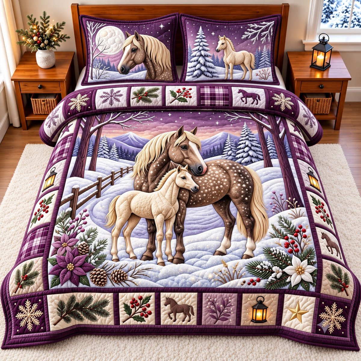 Snowy Horse 3 Piece Quilted Bedding Set Gift For Horse Lovers