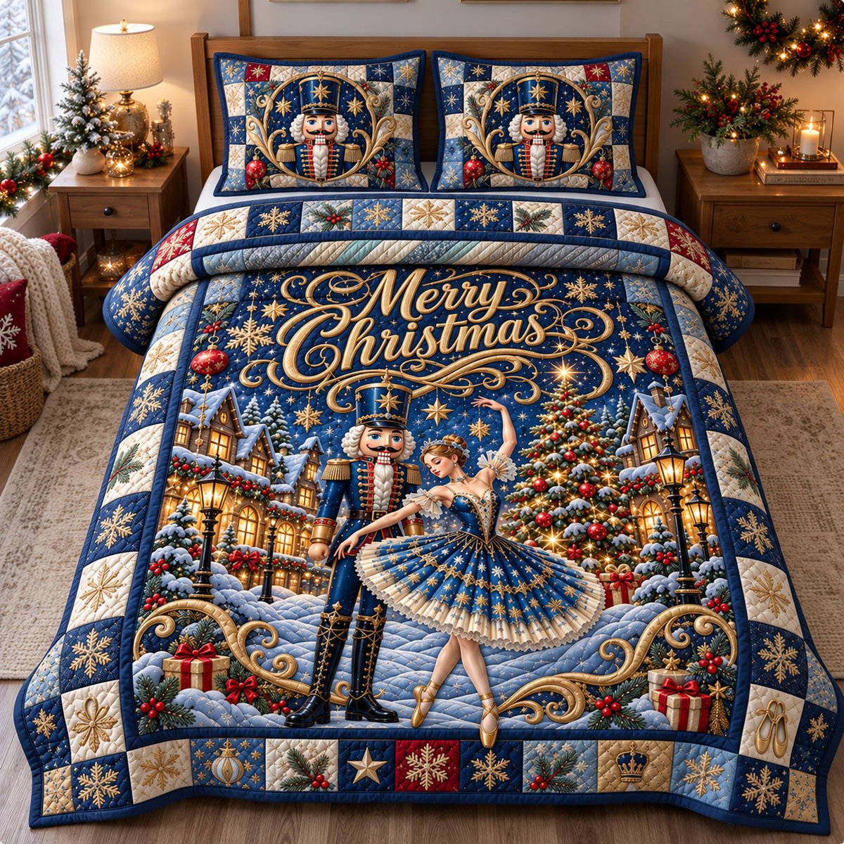 Nutcracker Ballet 3 Piece Quilted Bedding Set Christmas Gift For Holiday Decor Lovers