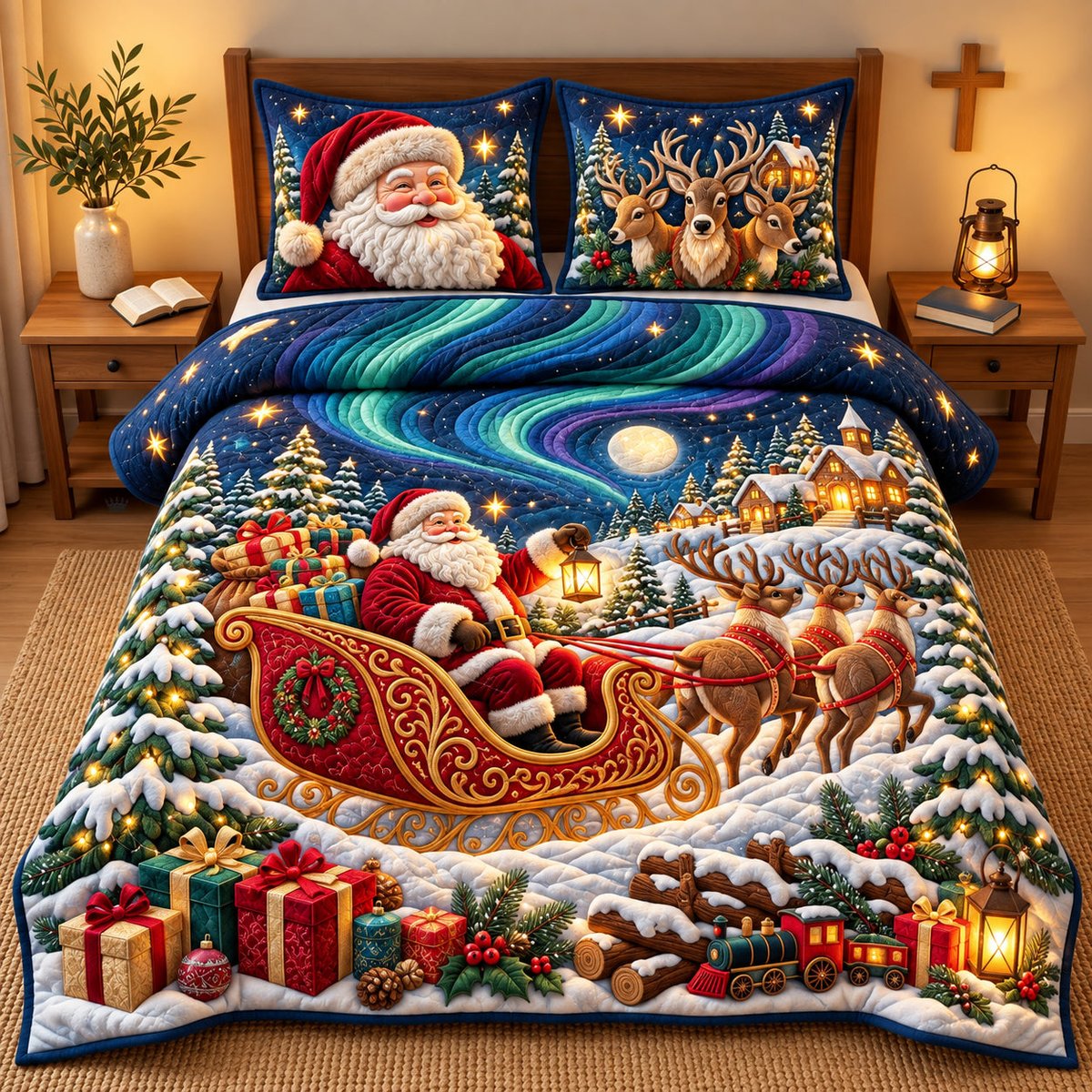 Santa Sleigh 3 Piece Quilted Bedding Set Christmas Gift For Holiday Decor Lovers