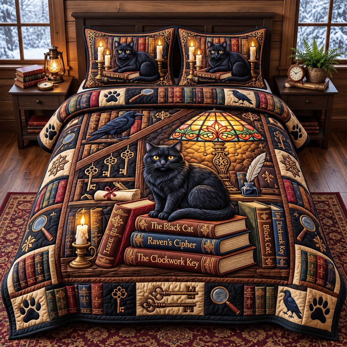 Bookish Cat 3 Piece Quilted Bedding Set Gift For Cat Lovers