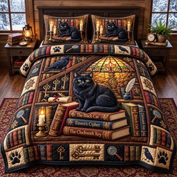 Bookish Cat 3 Piece Quilted Bedding Set Gift For Cat Lovers