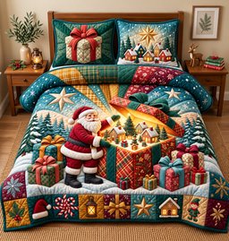 Santa Gift Box 3 Piece Quilted Bedding Set Christmas Gift For Holiday Decor Lovers