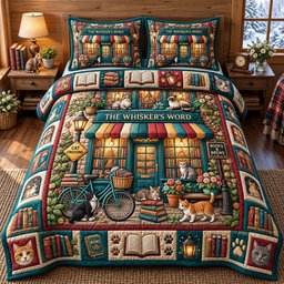 Bookish Cat 3 Piece Quilted Bedding Set Gift For Cat Lovers
