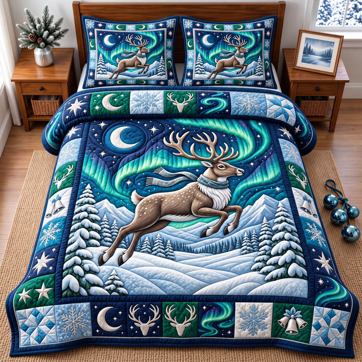 Reindeer 3 Piece Quilted Bedding Set Christmas Gift For Holiday Decor Lovers