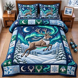Reindeer 3 Piece Quilted Bedding Set Christmas Gift For Holiday Decor Lovers