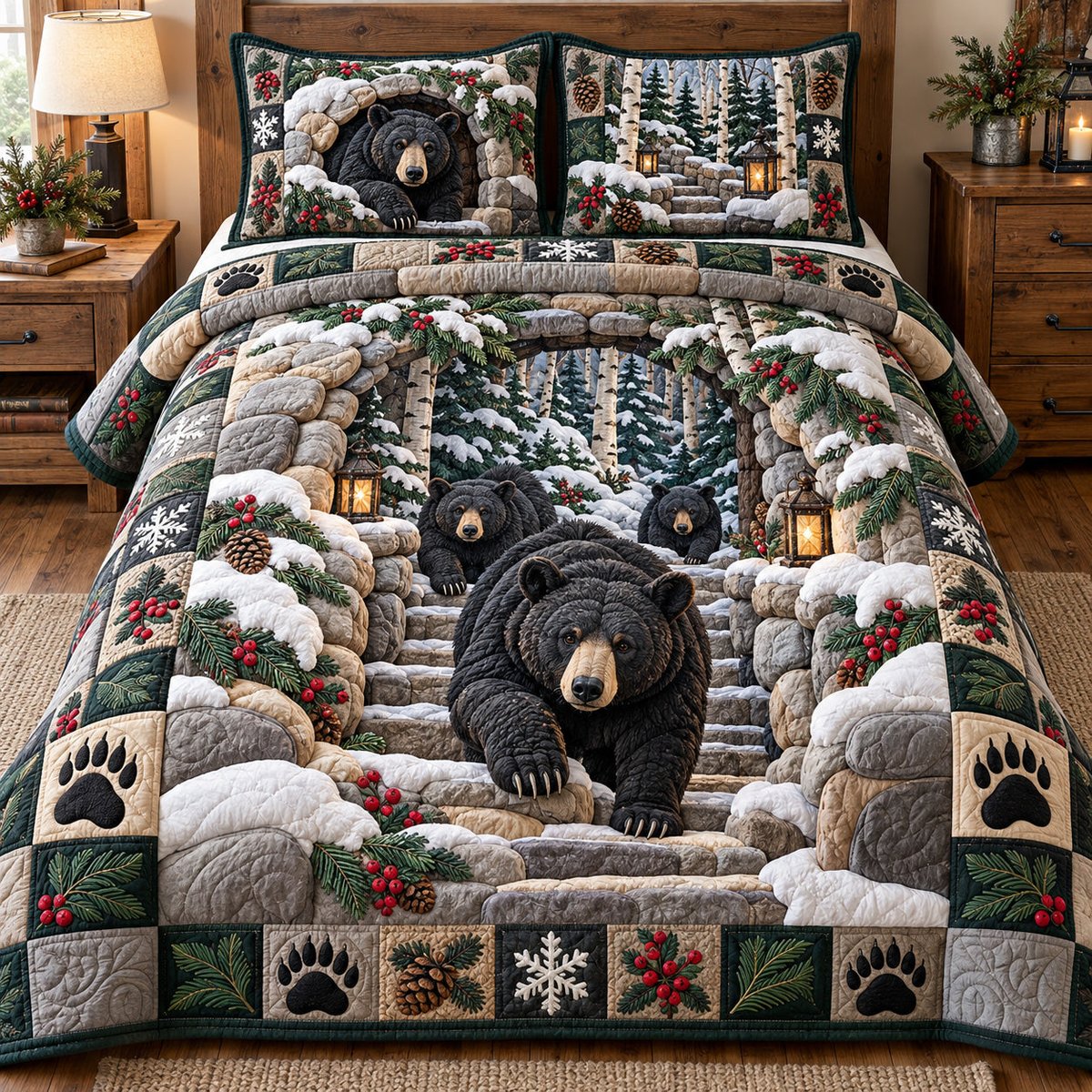 Winter Rustic Guardian 3 Piece Quilted Bedding Set Christmas Gift For Bear Lovers