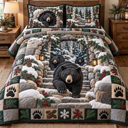 Winter Rustic Guardian 3 Piece Quilted Bedding Set Christmas Gift For Bear Lovers