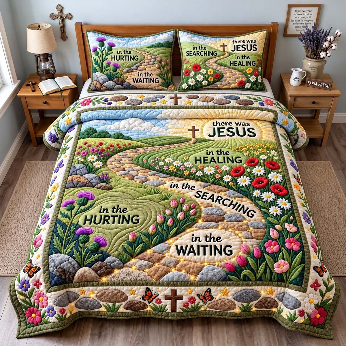 Faithful Journey Christian 3 Piece Quilted Bedding Set Gift For Christians