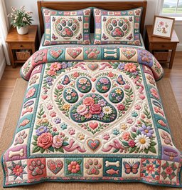 Paw Print Cat 3 Piece Quilted Bedding Set Gift For Dog Lovers