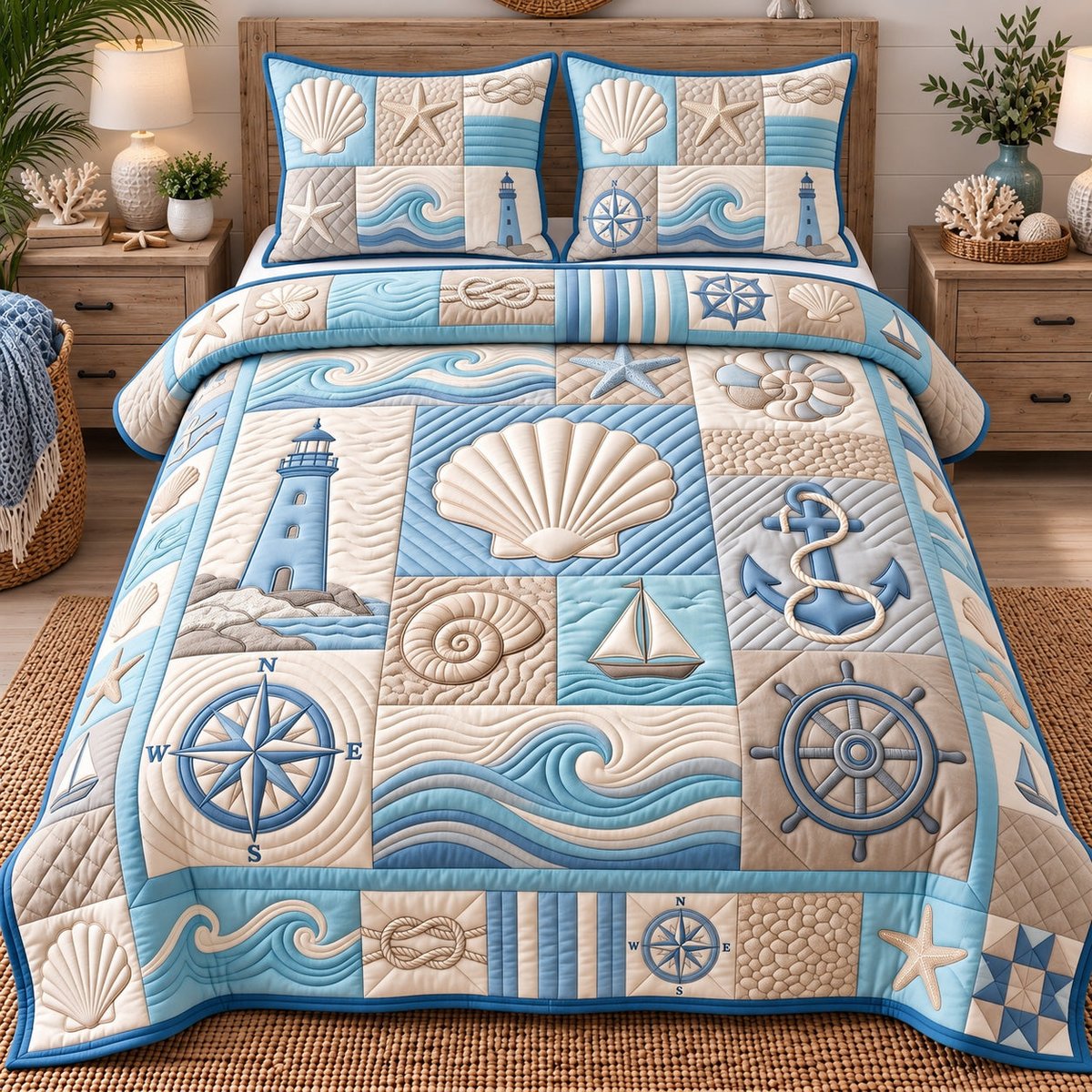 Coastal Patchwork Nautical 3 Piece Quilted Bedding Set Gift For Beach Lovers