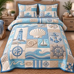 Coastal Patchwork Nautical 3 Piece Quilted Bedding Set Gift For Beach Lovers