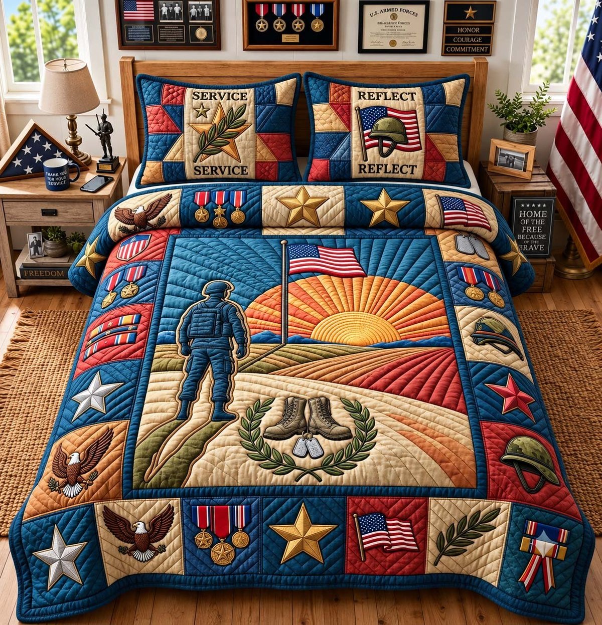Service and Sacrifice 3 Piece Quilted Bedding Set Gift For Veterans