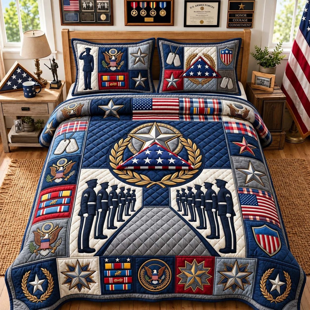 Honor Guard Tribute 3 Piece Quilted Bedding Set Gift For Veterans