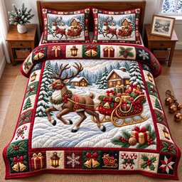 Reindeer 3 Piece Quilted Bedding Set Christmas Gift For Holiday Decor Lovers