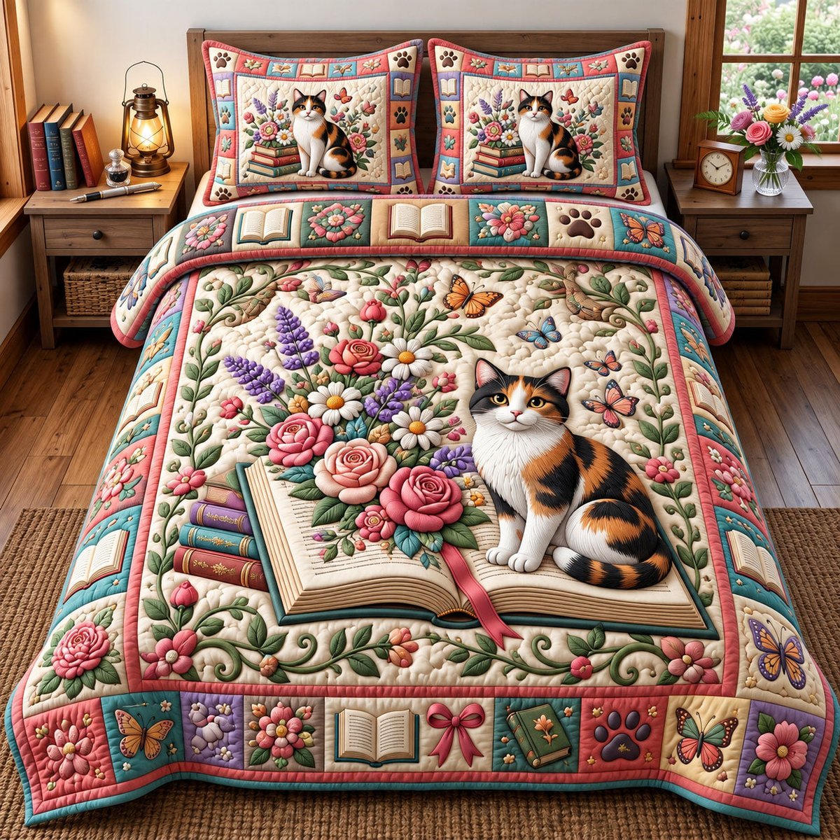 Bookish Cat 3 Piece Quilted Bedding Set Gift For Cat Lovers