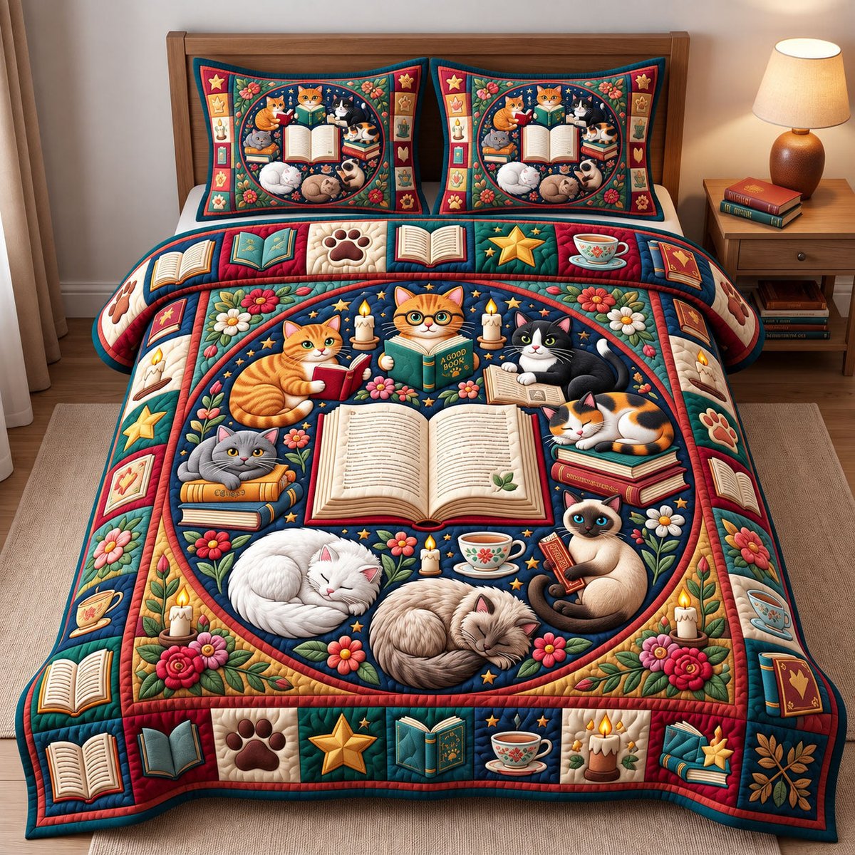 Bookish Cat 3 Piece Quilted Bedding Set Gift For Cat Lovers