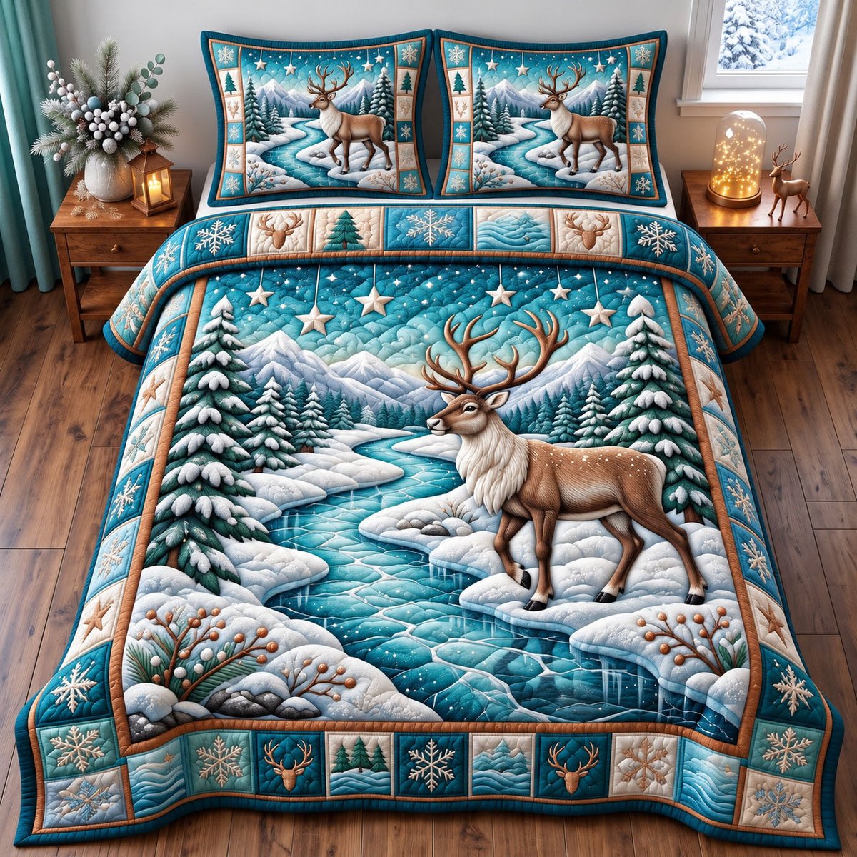 Reindeer 3 Piece Quilted Bedding Set Christmas Gift For Holiday Decor Lovers