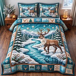 Reindeer 3 Piece Quilted Bedding Set Christmas Gift For Holiday Decor Lovers